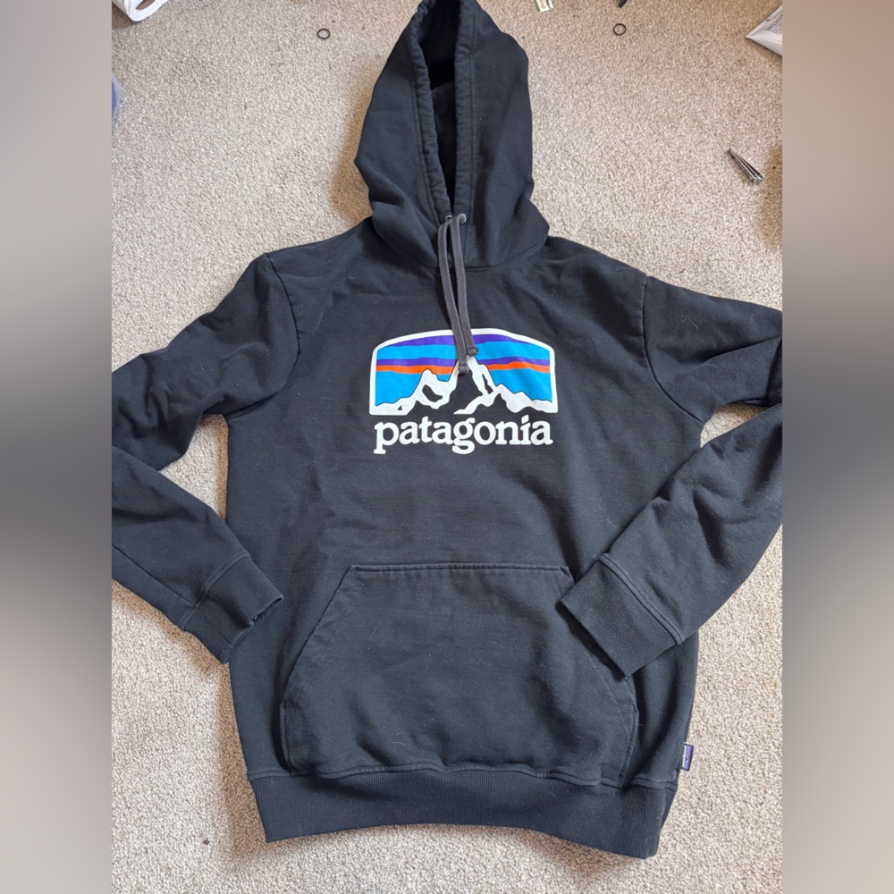 Patagonia Black Hoodie with Blue and Purple Logo